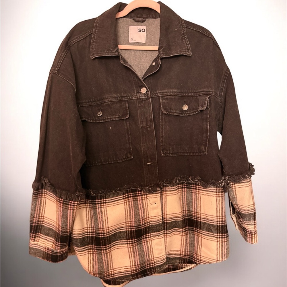 SO Women's Dark Brown and Plaid Jean Jacket